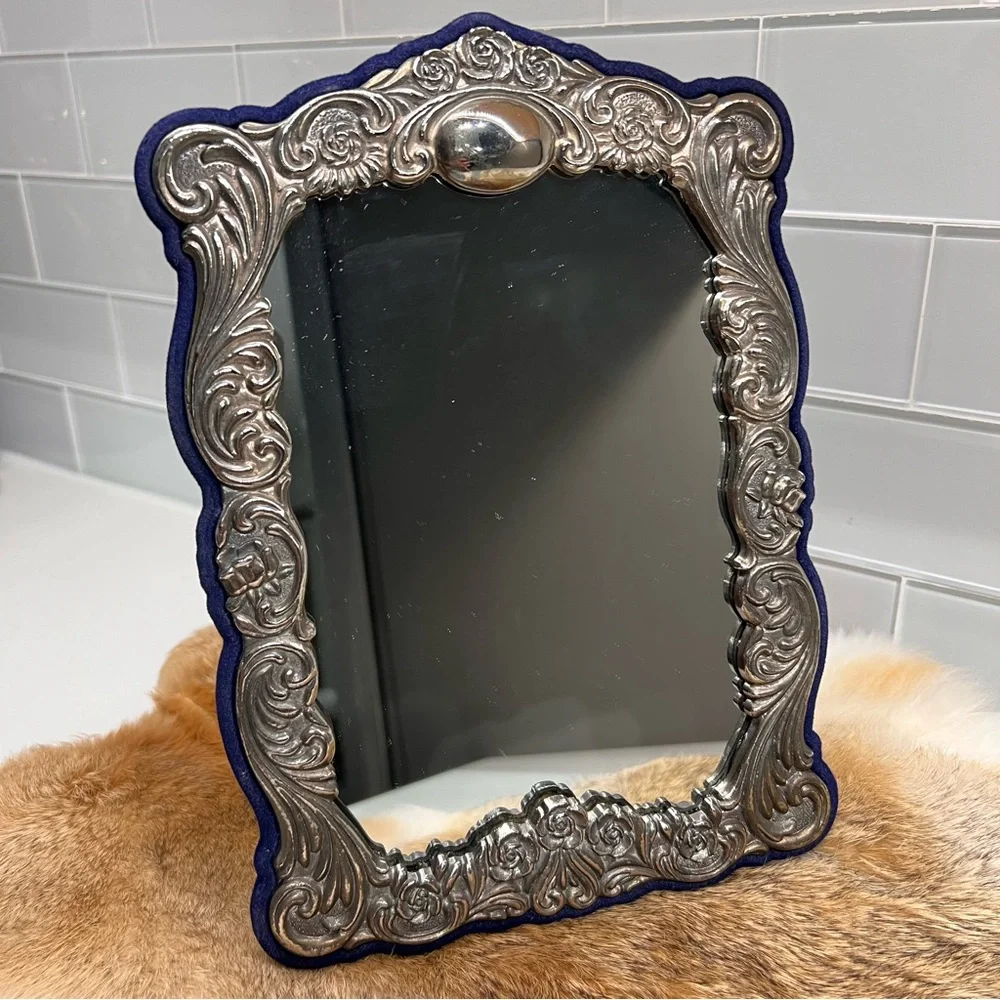 Vintage Victorian Style Repousse Ornate Silver Plated Mirror Frame Velvet Back